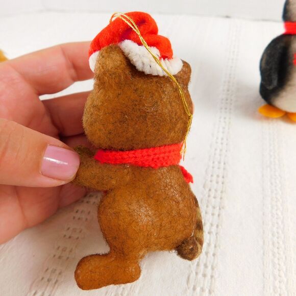 Flocked Christmas Ornaments, Lot of 3 Vintage 1960s Japan Raccoon Mouse Penguin - Picture 4 of 9